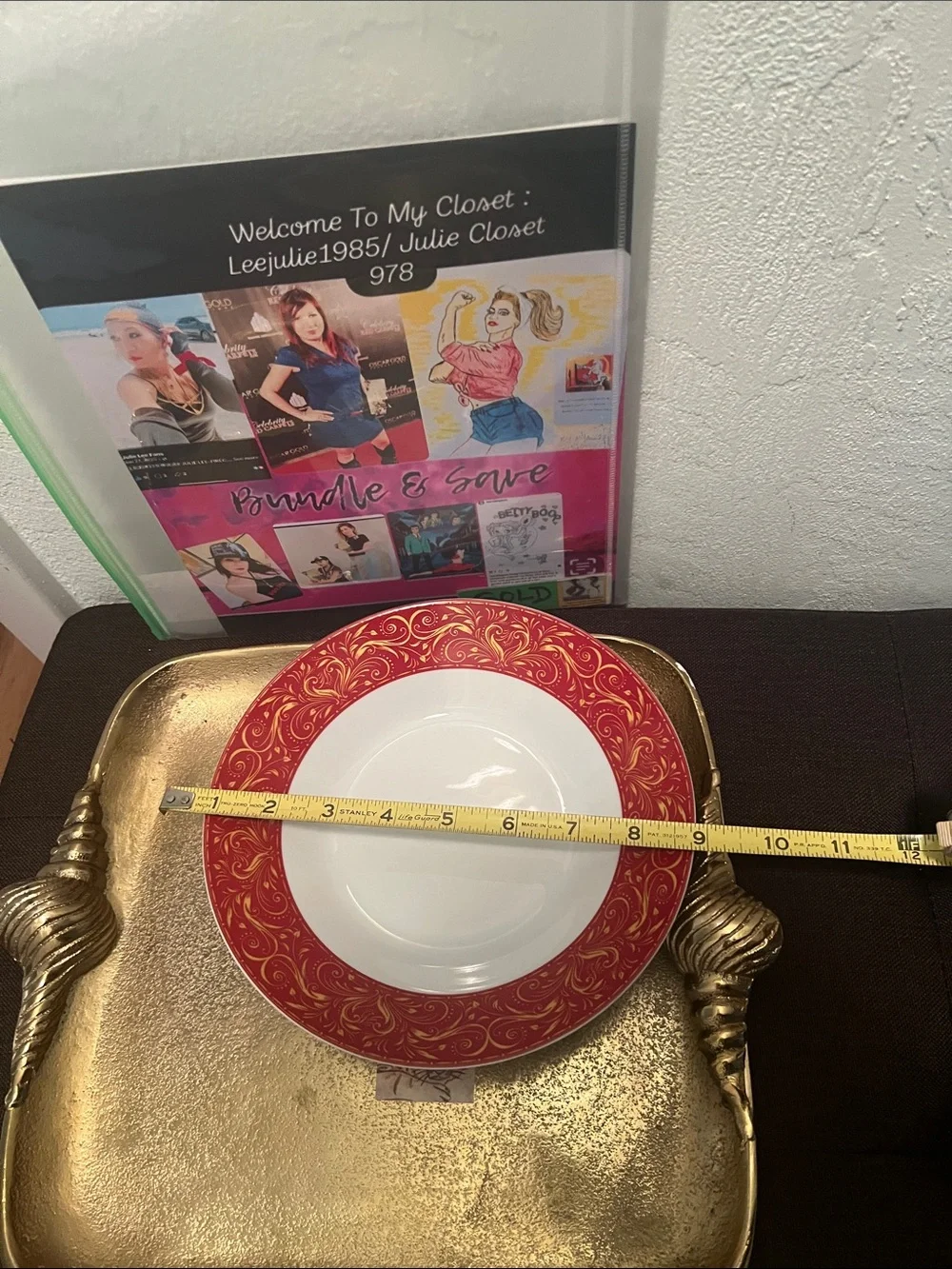 #2165*Vintage Red/Gold Swirl Rim Porcelain Dinner Plate - Elegant Home Dining